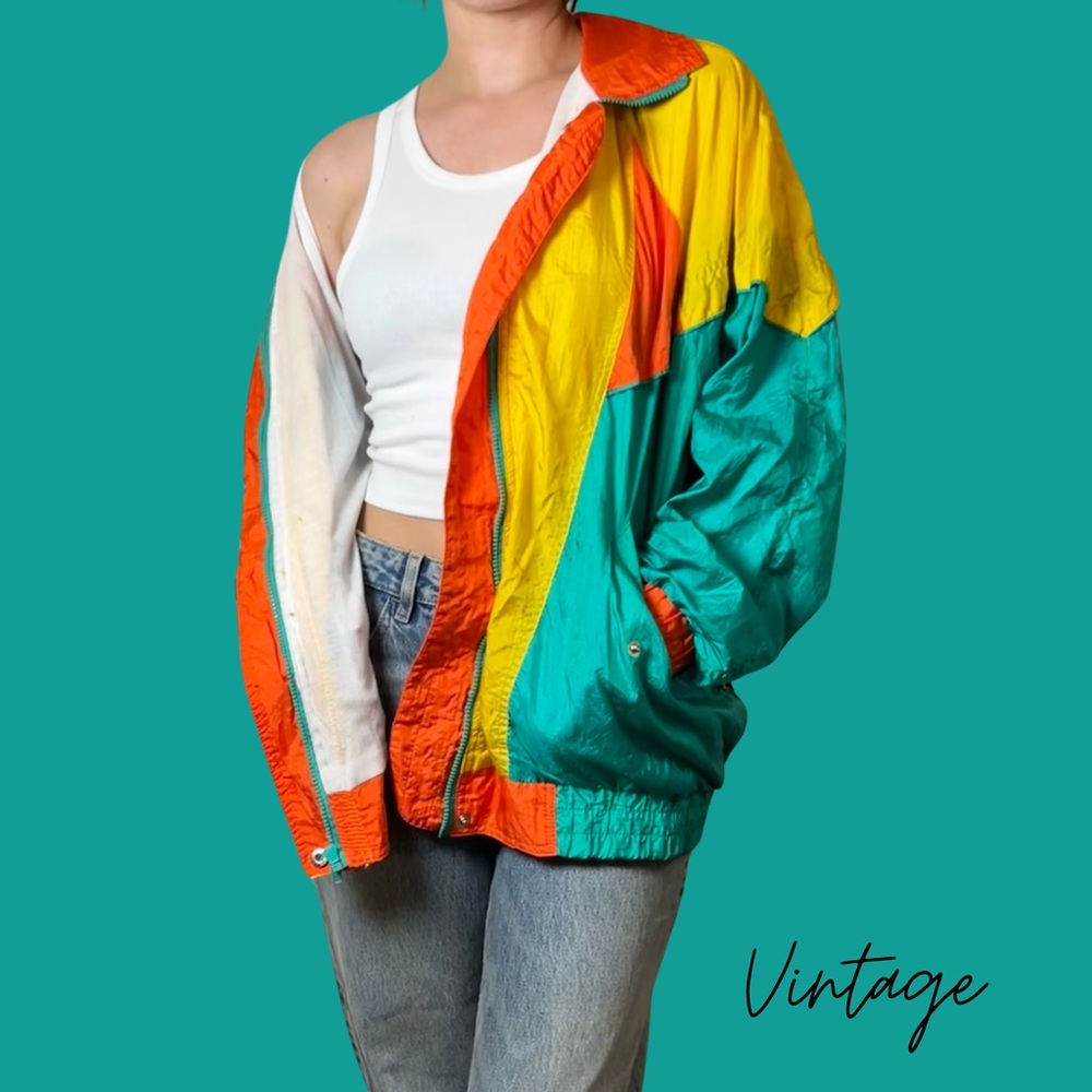 💥 Vintage 90s Colorblock Windbreaker – Yellow, Orange & Green | One Size